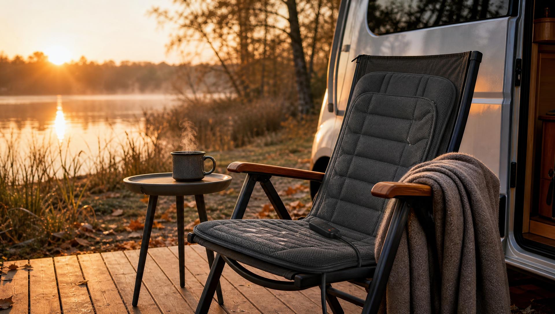 Kampeerstoel met Thermrup infrarood verwarmd zitkussen bij een camper aan een meer in de herfst